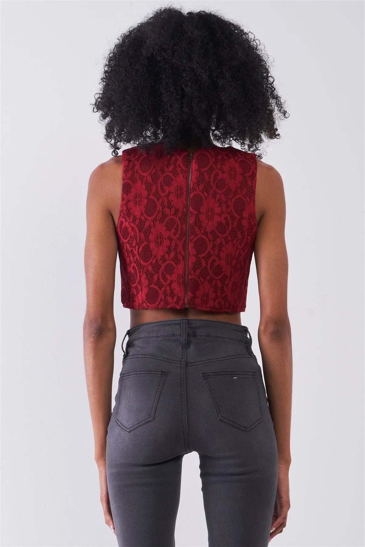 Burgundy Sleeveless Slit Neckline Cropped Length Lace Top /2-2-1 - Tasha Apparel Wholesale