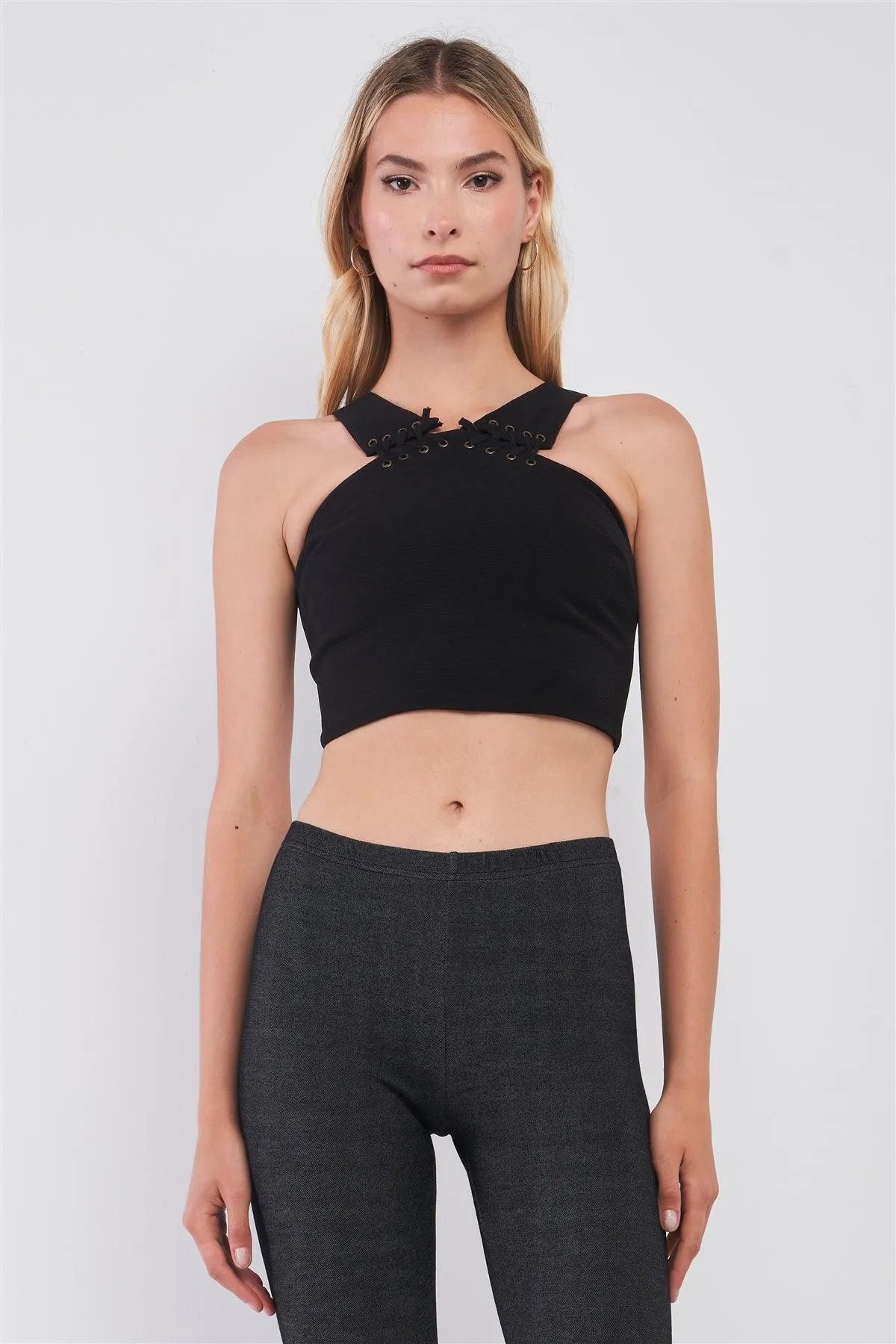 Black Sleeveless Lace-Up Detail Halter-Tie Neck Fitted Crop Top /1-2-2-1 - Tasha Apparel Wholesale