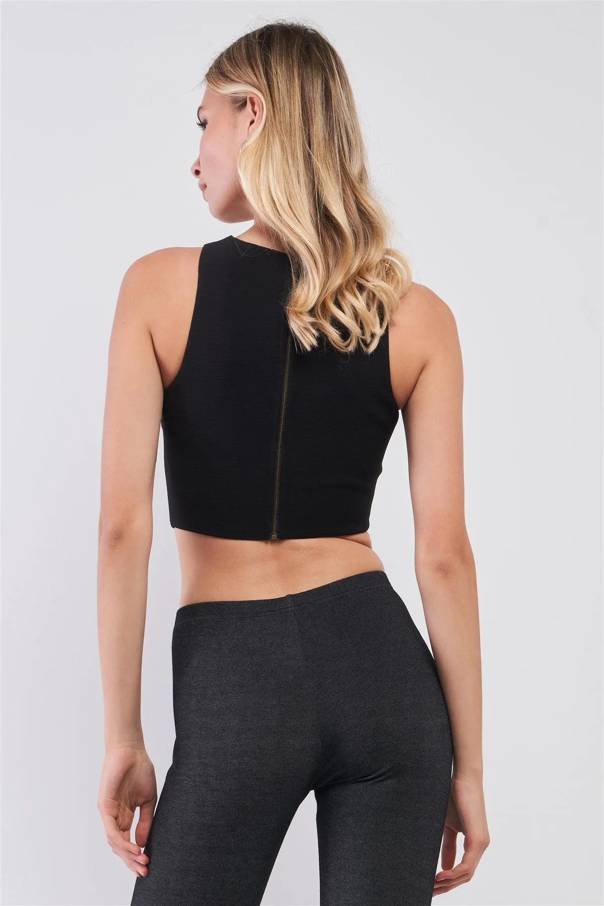 Black Sleeveless Lace-Up Detail Halter-Tie Neck Fitted Crop Top /1-2-2-1 - Tasha Apparel Wholesale