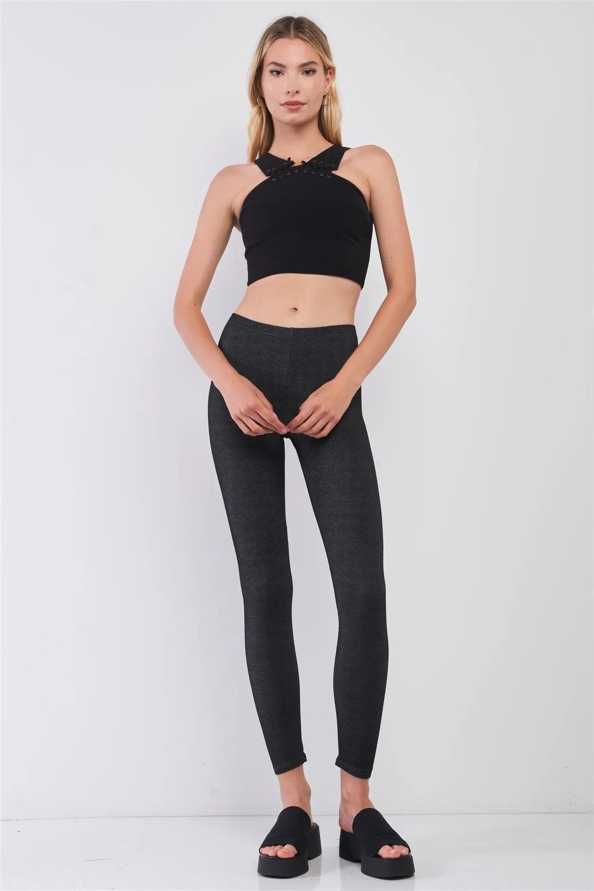 Black Sleeveless Lace-Up Detail Halter-Tie Neck Fitted Crop Top /1-2-2-1 - Tasha Apparel Wholesale