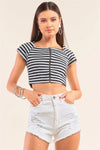 Black And Grey Striped Square Neck Mini Sleeve Cropped Top /1-2-2-1 - Tasha Apparel Wholesale
