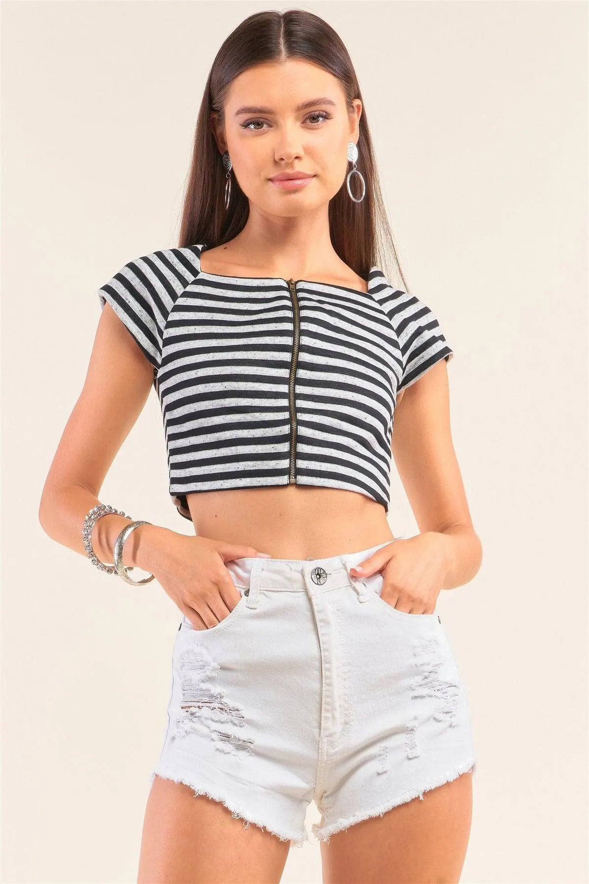 Black And Grey Striped Square Neck Mini Sleeve Cropped Top /1-2-2-1 - Tasha Apparel Wholesale