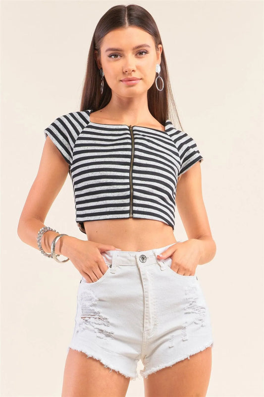 Black And Grey Striped Square Neck Mini Sleeve Cropped Top /1-2-2-1 - Tasha Apparel Wholesale