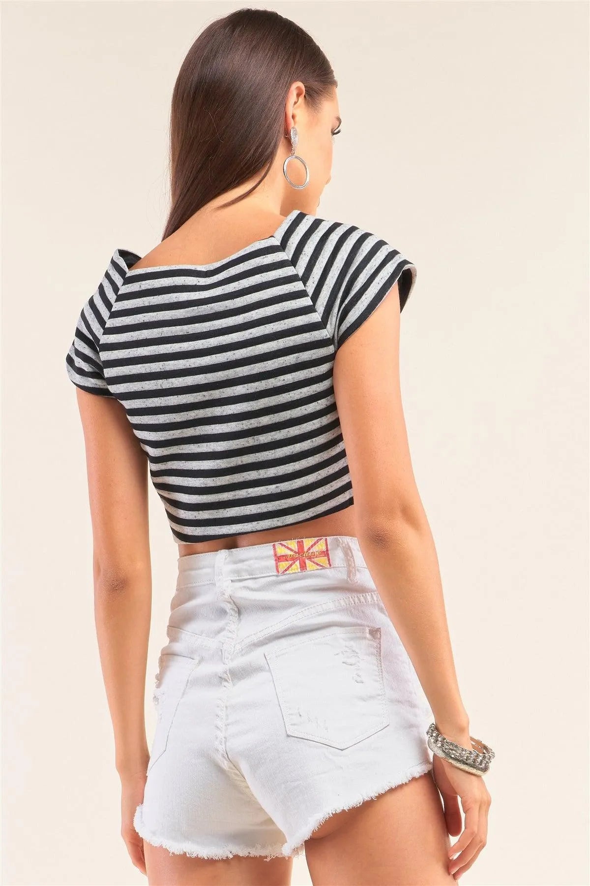 Black And Grey Striped Square Neck Mini Sleeve Cropped Top /1-2-2-1 - Tasha Apparel Wholesale