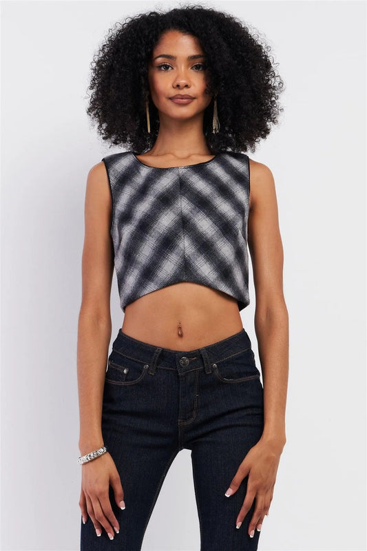 Black And Grey Checkered Sleeveless Round Neck Woolen Cropped Top /2-2-1 - Tasha Apparel Wholesale