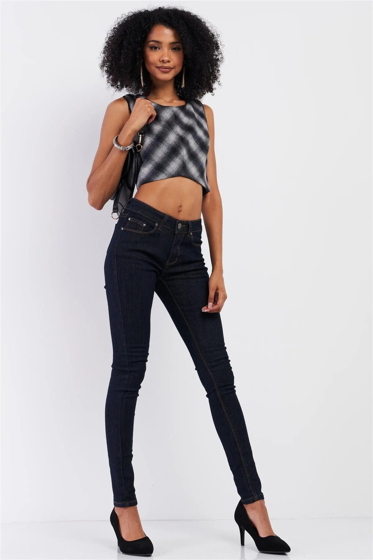 Black And Grey Checkered Sleeveless Round Neck Woolen Cropped Top /2-2-1 - Tasha Apparel Wholesale
