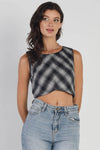 Black And Grey Checkered Sleeveless Round Neck Woolen Cropped Top /1-2-2-1 - Tasha Apparel Wholesale