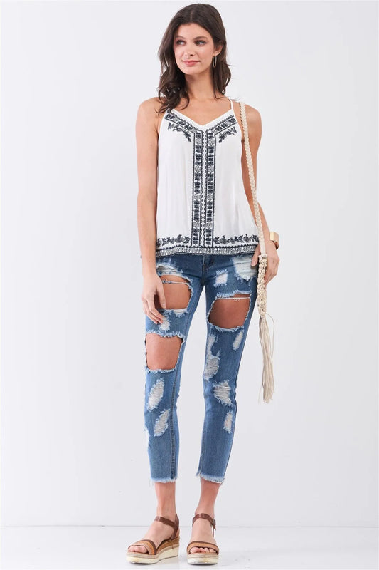 White Slavic Inspired Embroidery Detail Sleeveless V-Neck Babydoll Top /1-2-1-1 - Tasha Apparel Wholesale