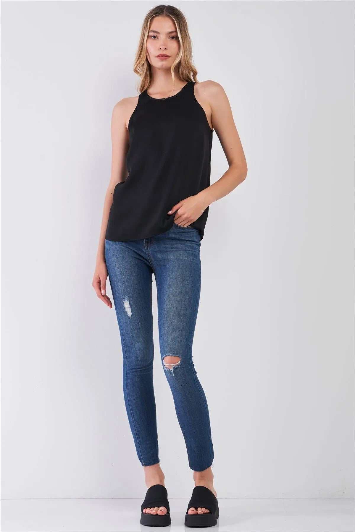 Simple Black Combo Sleeveless Crew Neck Cami Top /1-2-2-1 - Tasha Apparel Wholesale