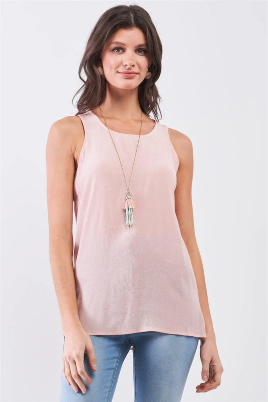 Blush Pink CrÍpe Fabric Sleeveless Buttoned Back Scoop Neckline Babydoll Top /1-3-1 - Tasha Apparel Wholesale