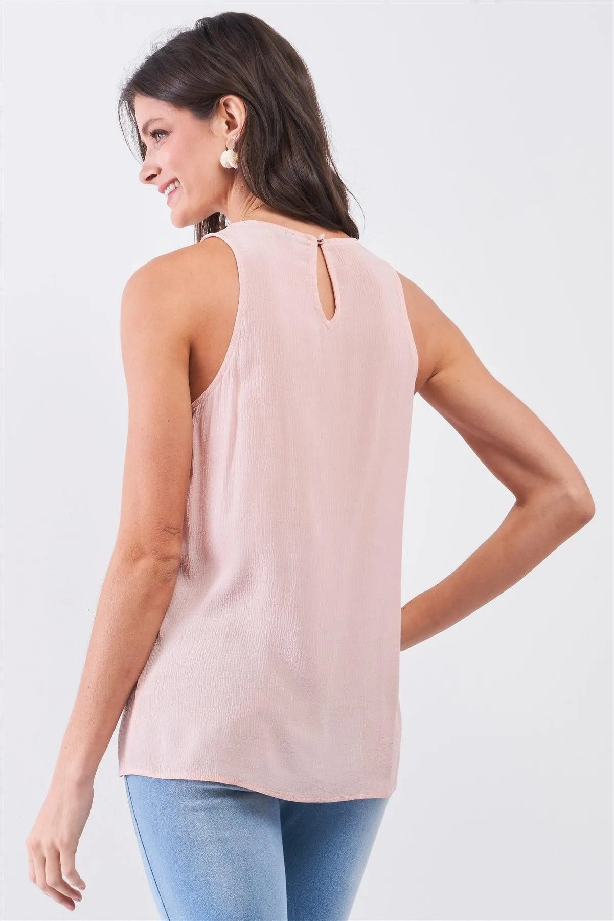 Blush Pink CrÍpe Fabric Sleeveless Buttoned Back Scoop Neckline Babydoll Top /1-3-1 - Tasha Apparel Wholesale