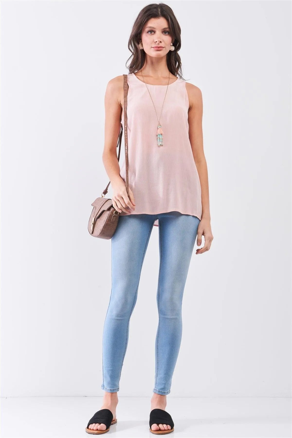 Blush Pink CrÍpe Fabric Sleeveless Buttoned Back Scoop Neckline Babydoll Top /1-3-1 - Tasha Apparel Wholesale
