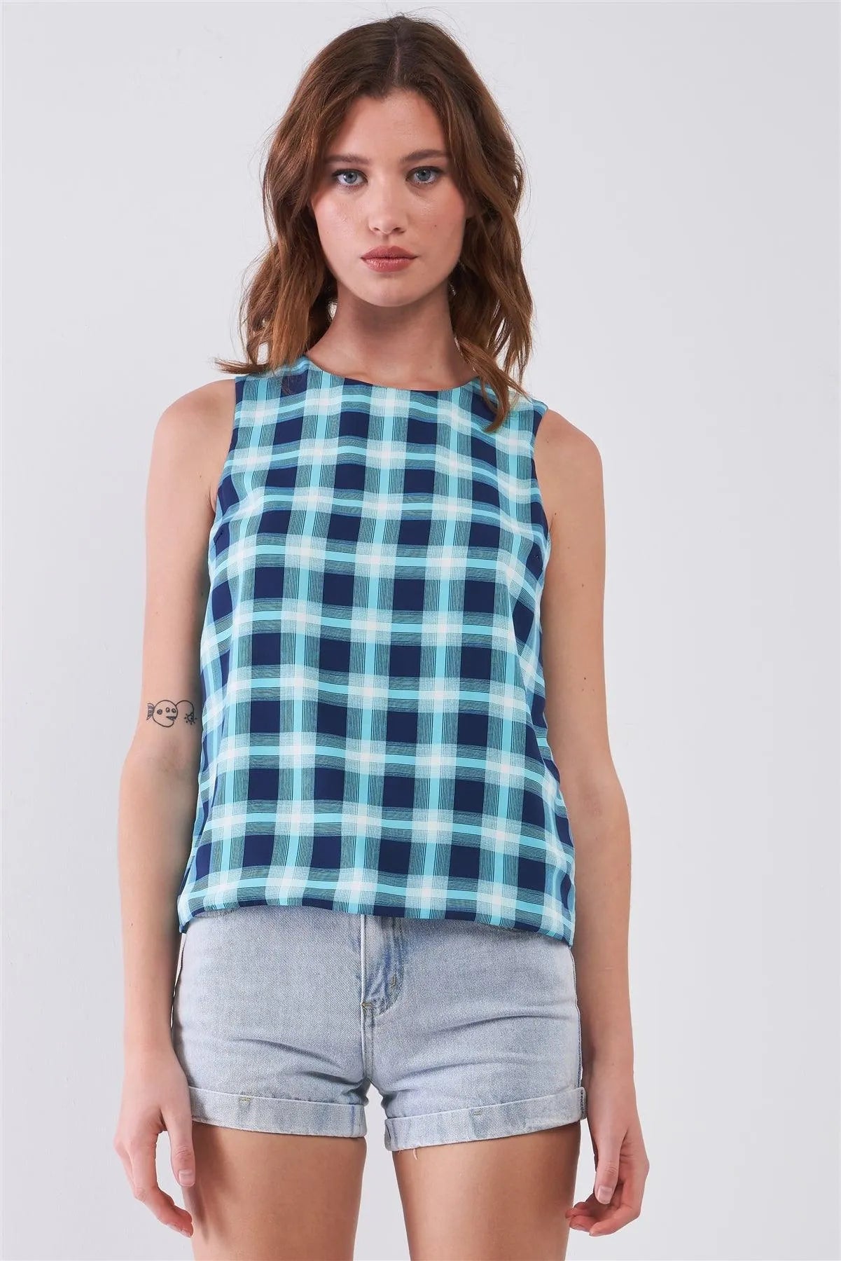 Aqua Blue Glen Check Pattern Print Sleeveless Round Neck Back-Side Vest Top /1-2-2-1 - Tasha Apparel Wholesale