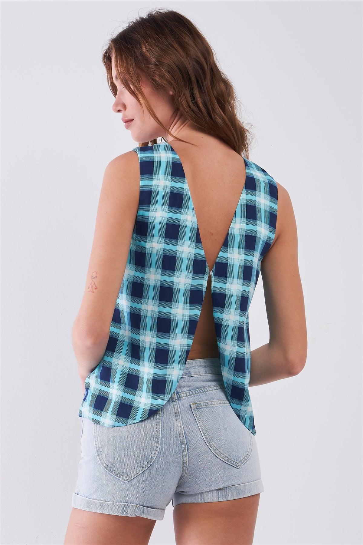 Aqua Blue Glen Check Pattern Print Sleeveless Round Neck Back-Side Vest Top /1-2-2-1