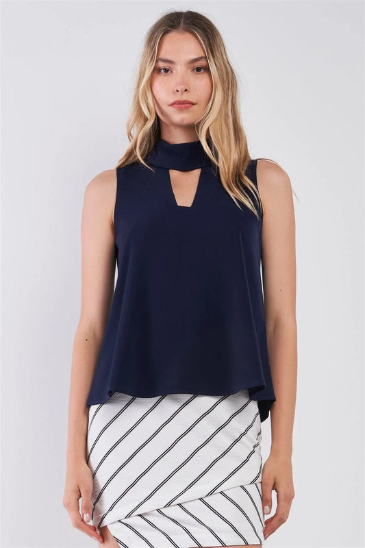 Navy Sleeveless Cut-Out Front Detail Zip-Up Back Mock Neck Top /1-2-2-1 - Tasha Apparel Wholesale