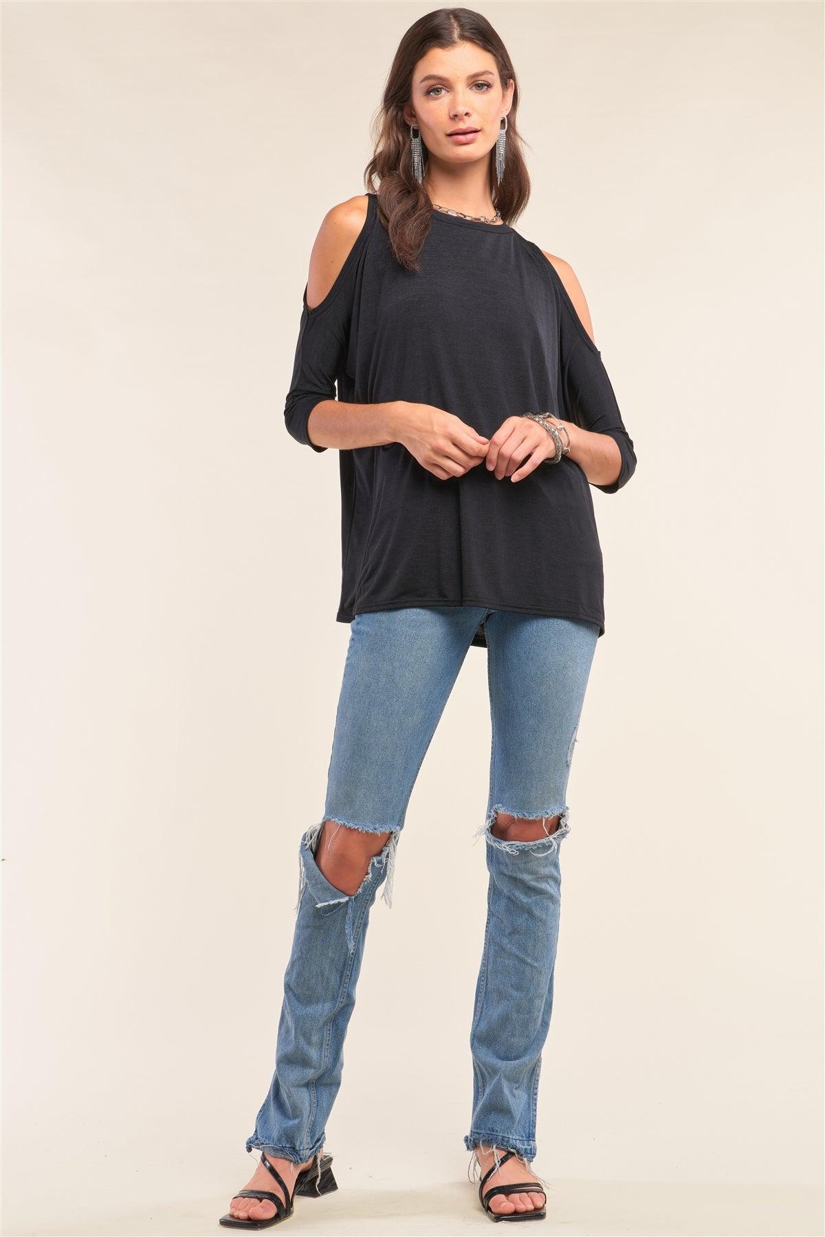 Black Relaxed Fit Crew Neck Midi Sleeve Cut-Out Shoulder Detail Yoga Top /2-1-2