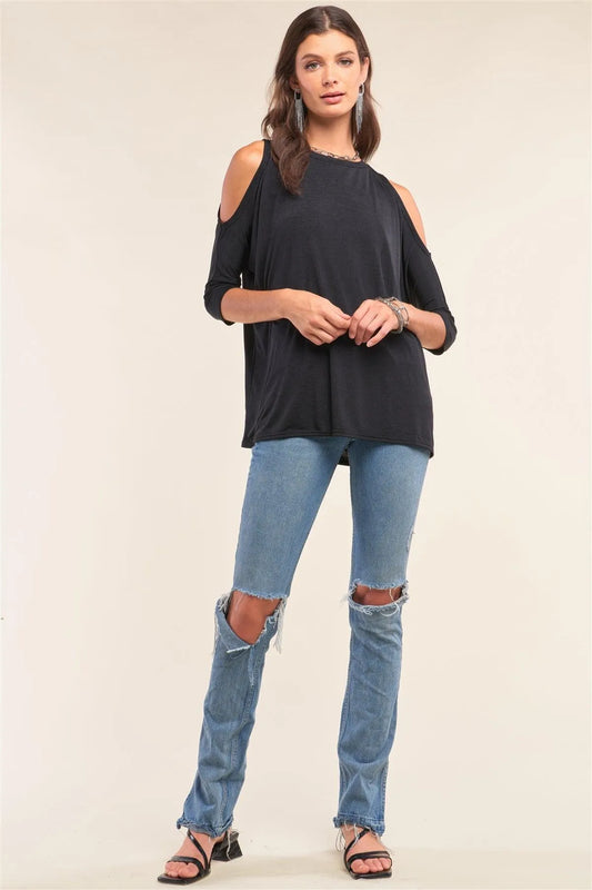 Black Relaxed Fit Crew Neck Midi Sleeve Cut-Out Shoulder Detail Yoga Top /2-1-2 - Tasha Apparel Wholesale