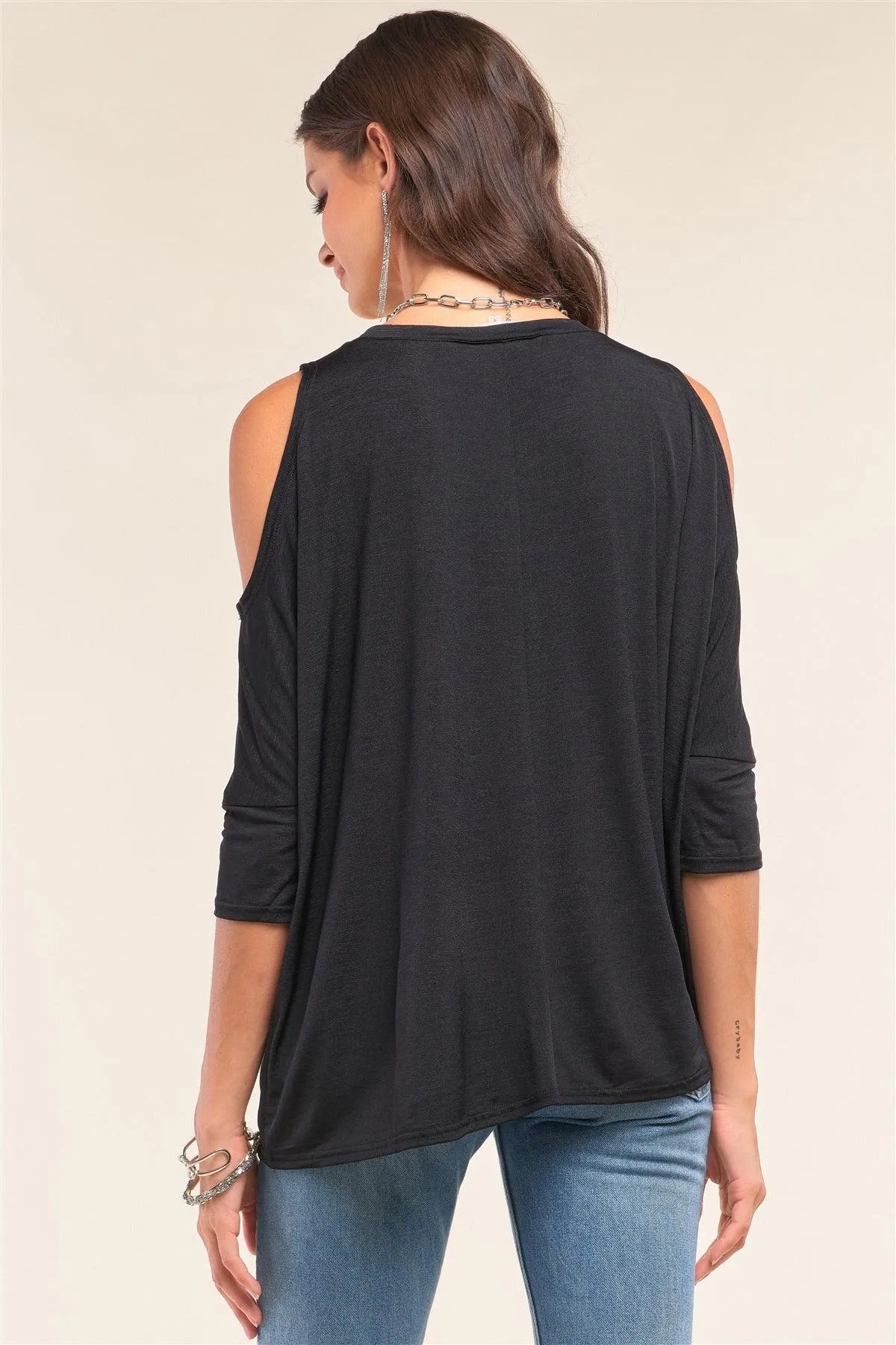 Black Relaxed Fit Crew Neck Midi Sleeve Cut-Out Shoulder Detail Yoga Top /2-1-2 - Tasha Apparel Wholesale