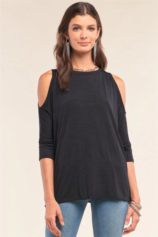 Black Relaxed Fit Crew Neck Midi Sleeve Cut-Out Shoulder Detail Yoga Top /1-2-2-1 - Tasha Apparel Wholesale