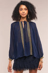 Deep Blue Boho Mosaic Pattern Embroidery Relaxed Fit Long Sleeve Self-Tie Crew Neck Top /1-2-2-1 - Tasha Apparel Wholesale