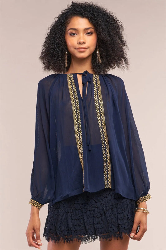 Deep Blue Boho Mosaic Pattern Embroidery Relaxed Fit Long Sleeve Self-Tie Crew Neck Top /1-2-2-1 - Tasha Apparel Wholesale