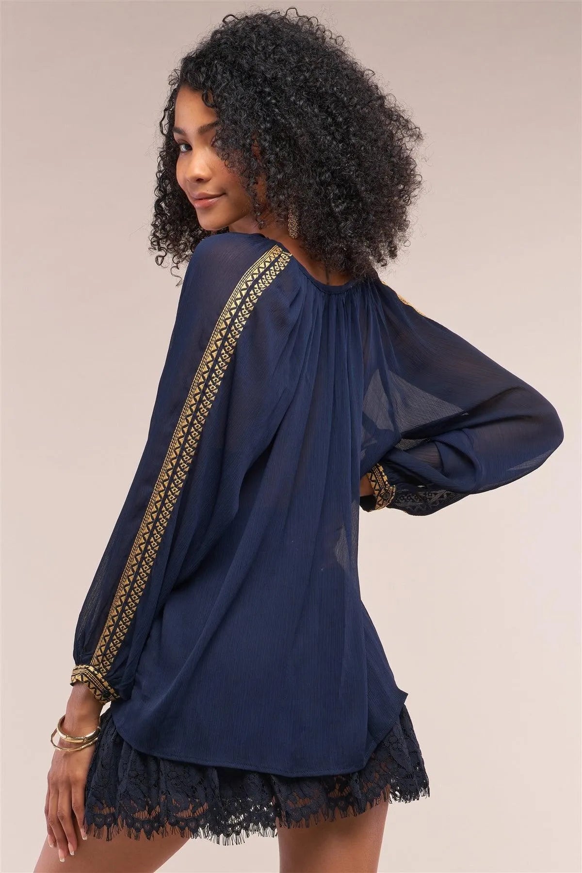 Deep Blue Boho Mosaic Pattern Embroidery Relaxed Fit Long Sleeve Self-Tie Crew Neck Top /1-2-2-1 - Tasha Apparel Wholesale