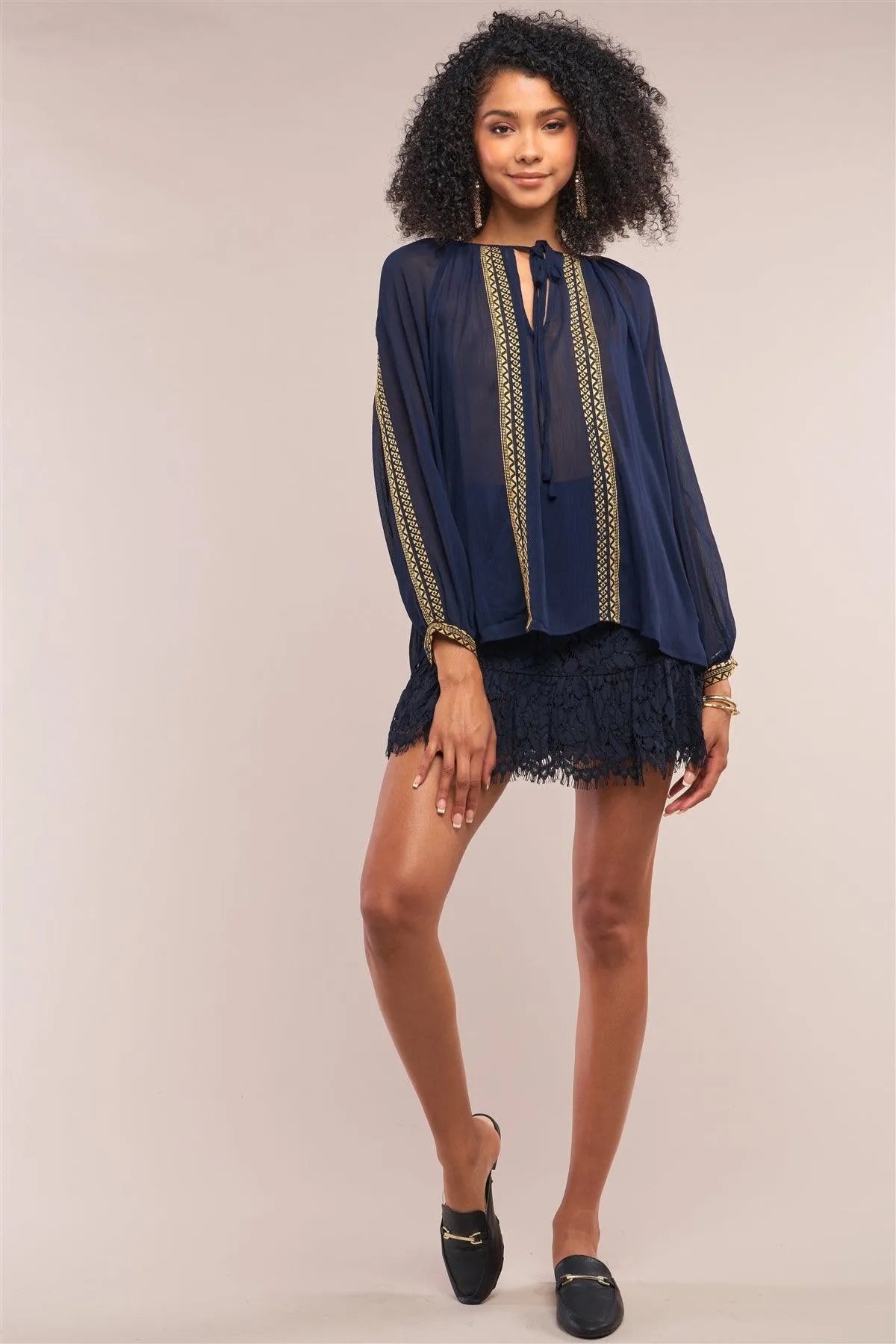 Deep Blue Boho Mosaic Pattern Embroidery Relaxed Fit Long Sleeve Self-Tie Crew Neck Top /1-2-2-1 - Tasha Apparel Wholesale