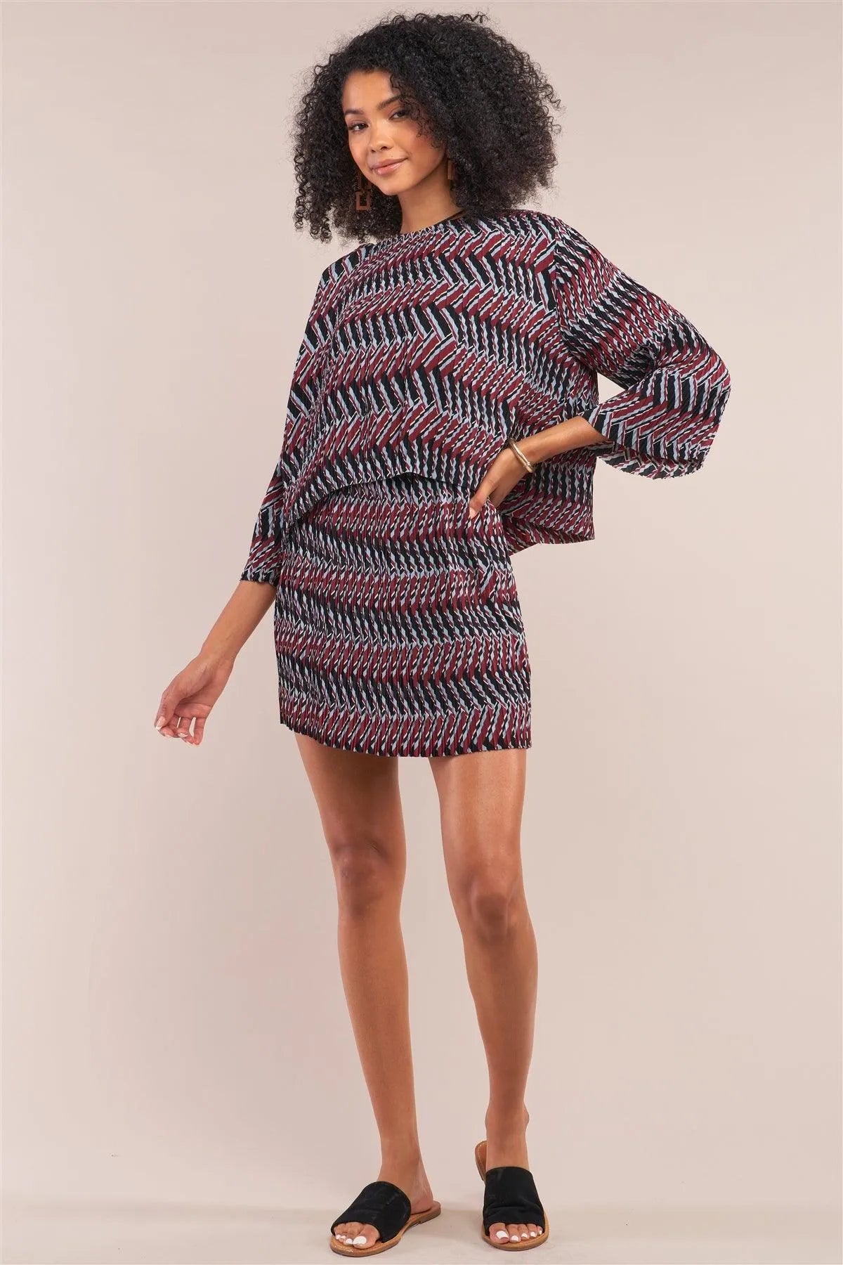 Wine Multi Print Pleated Midi Sleeve Top And Mini Skirt Two-Piece Set /1-1-2-1 - Tasha Apparel Wholesale