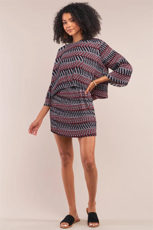 Wine Multi Print Pleated Midi Sleeve Top And Mini Skirt Two-Piece Set /1-1-2-1 - Tasha Apparel Wholesale