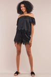 Black Satin Lace Trim Off-The-Shoulder Top & High Waist Shorts Set /2-1-2 - Tasha Apparel Wholesale