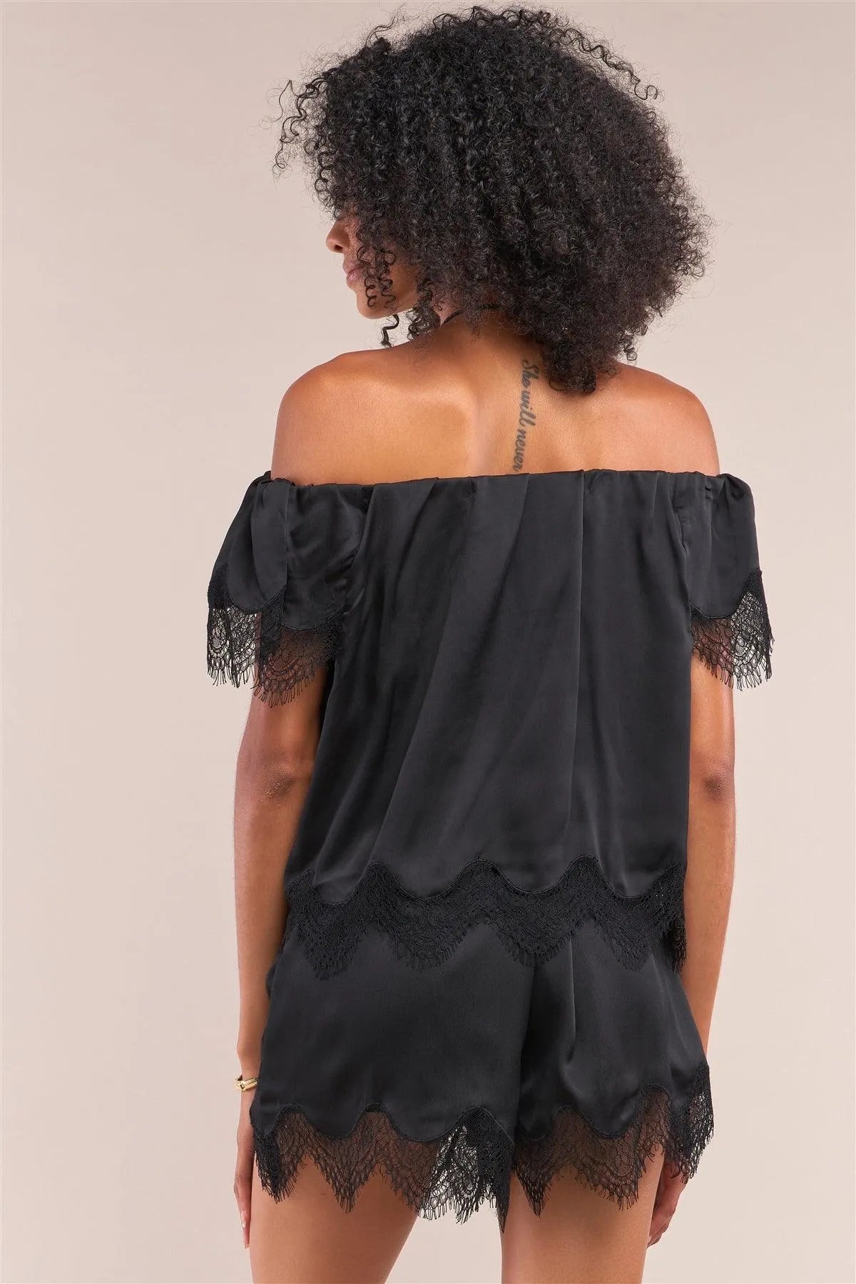 Black Satin Lace Trim Off-The-Shoulder Top & High Waist Shorts Set /2-1-2 - Tasha Apparel Wholesale