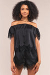 Black Satin Lace Trim Off-The-Shoulder Top & High Waist Shorts Set /1-2-2-1 - Tasha Apparel Wholesale