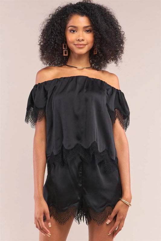Black Satin Lace Trim Off-The-Shoulder Top & High Waist Shorts Set /1-2-2-1 - Tasha Apparel Wholesale