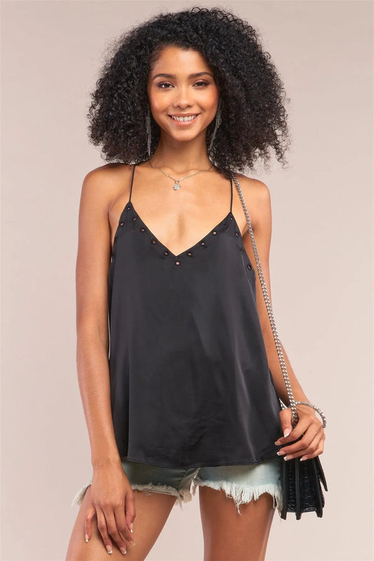 Black Satin Sleeveless Keyhole V-Neck Razor Back Self-Tie Tassel Tip Straps Detail Babydoll Top /1-2-2-1 - Tasha Apparel Wholesale
