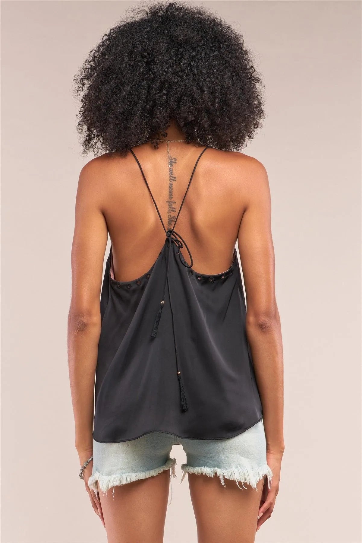 Black Satin Sleeveless Keyhole V-Neck Razor Back Self-Tie Tassel Tip Straps Detail Babydoll Top /1-2-2-1 - Tasha Apparel Wholesale