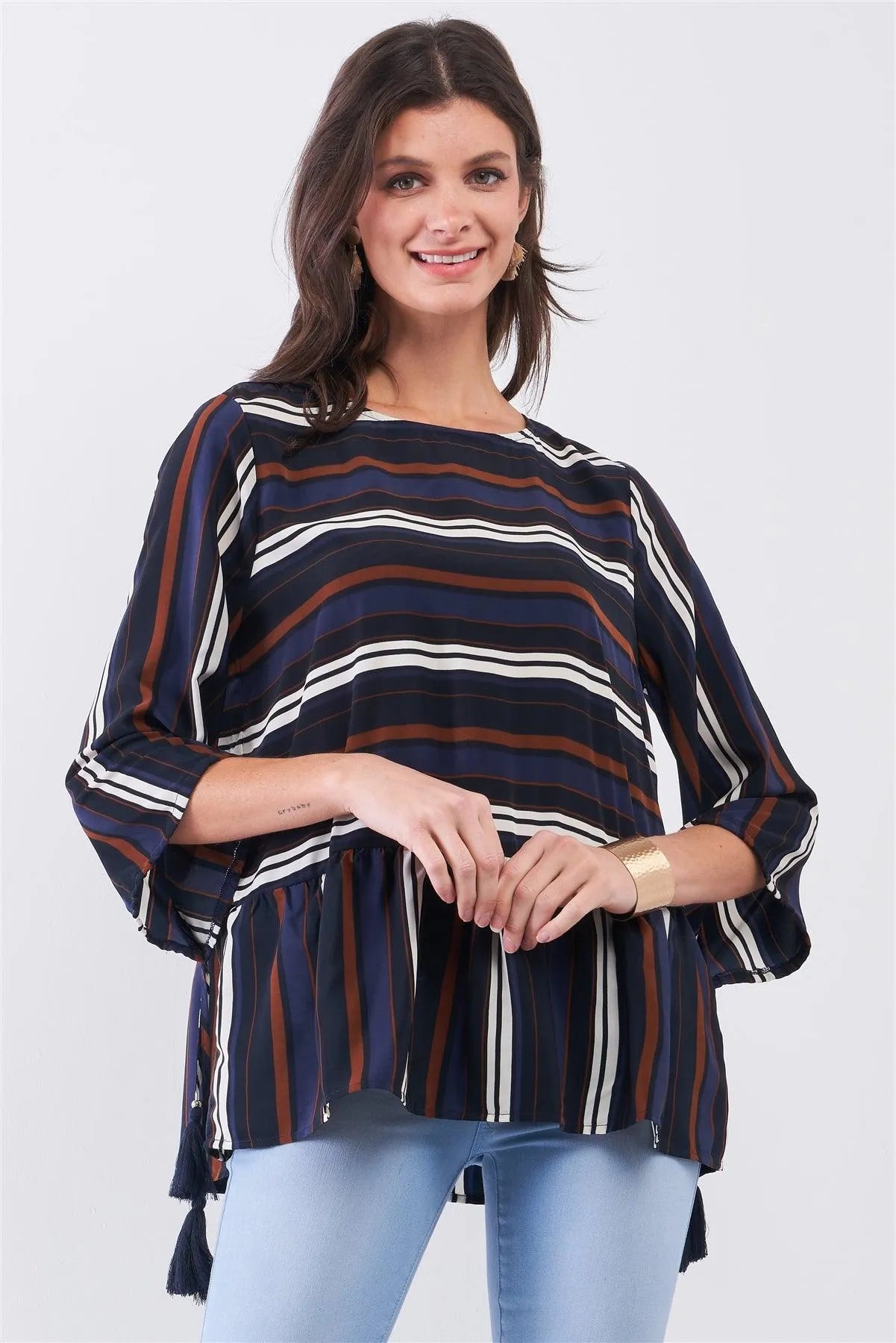 Blue Multicolor Striped Round Neck Button-Down Back Detail Self-Tie Tassel Tip Midi Sleeve Flounce Hem Top - Tasha Apparel Wholesale