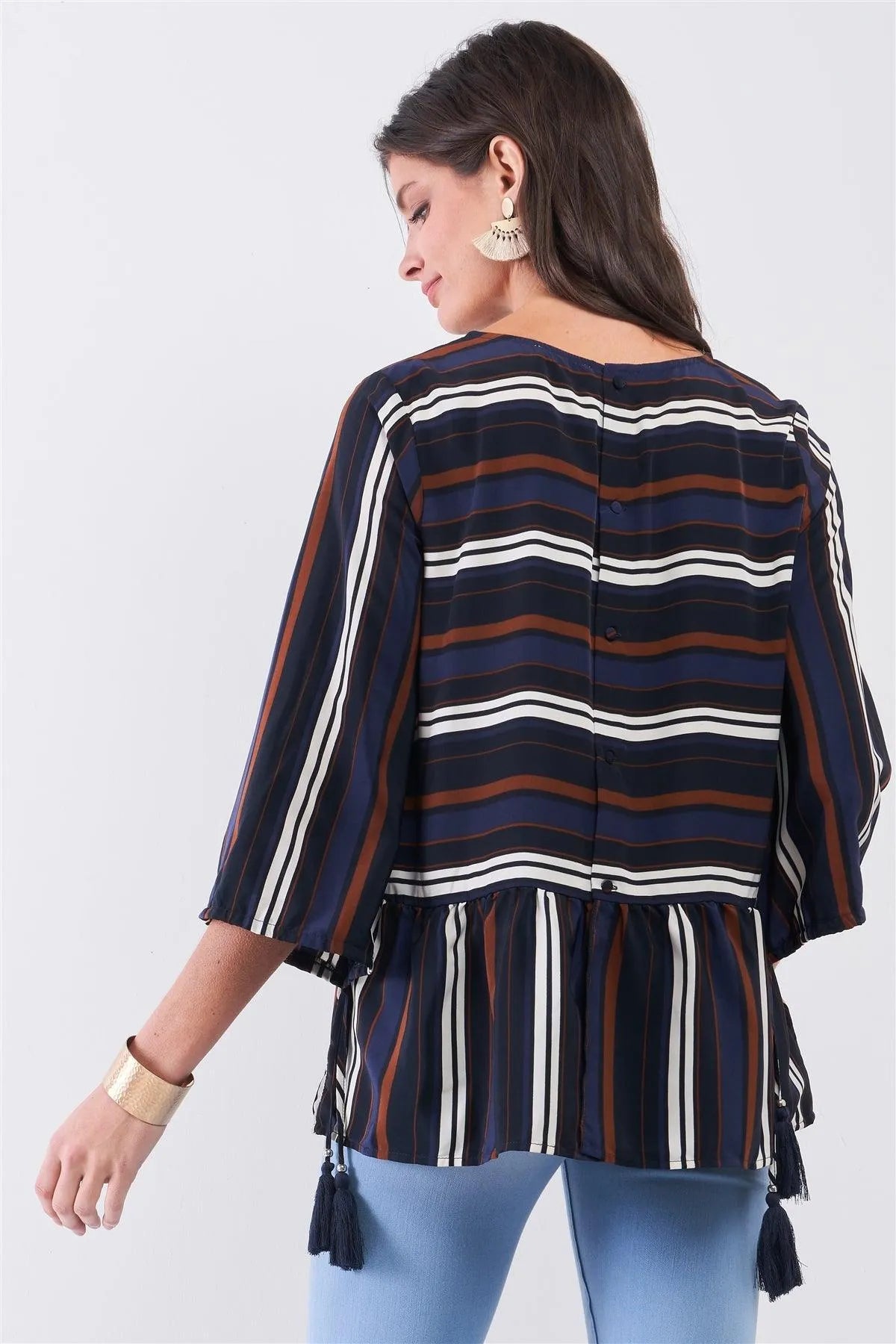 Blue Multicolor Striped Round Neck Button-Down Back Detail Self-Tie Tassel Tip Midi Sleeve Flounce Hem Top - Tasha Apparel Wholesale