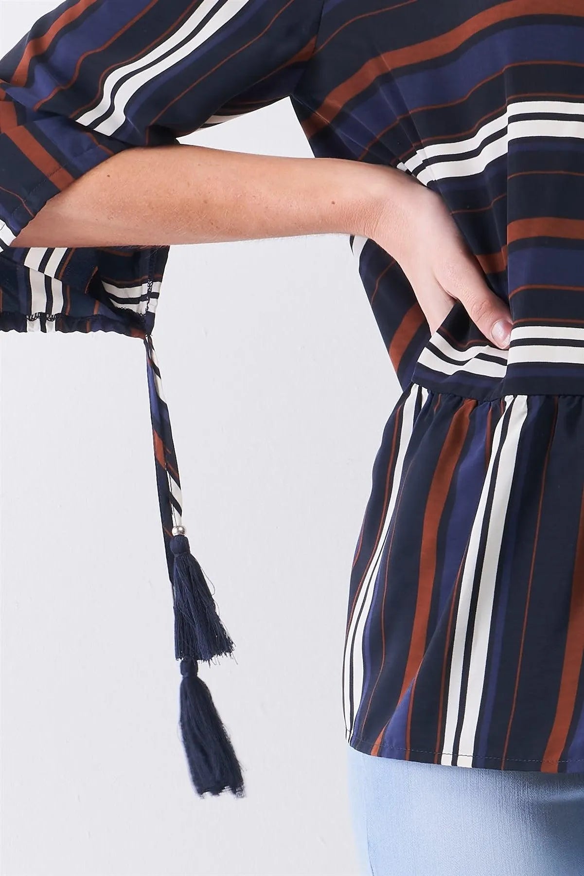 Blue Multicolor Striped Round Neck Button-Down Back Detail Self-Tie Tassel Tip Midi Sleeve Flounce Hem Top - Tasha Apparel Wholesale