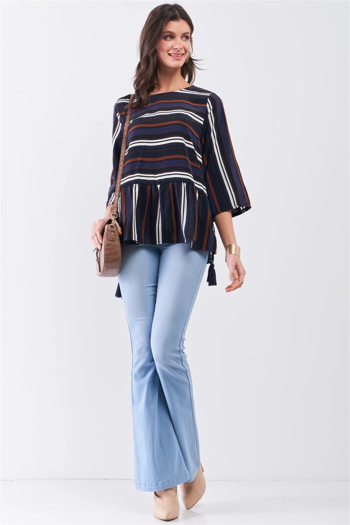 Blue Multicolor Striped Round Neck Button-Down Back Detail Self-Tie Tassel Tip Midi Sleeve Flounce Hem Top - Tasha Apparel Wholesale