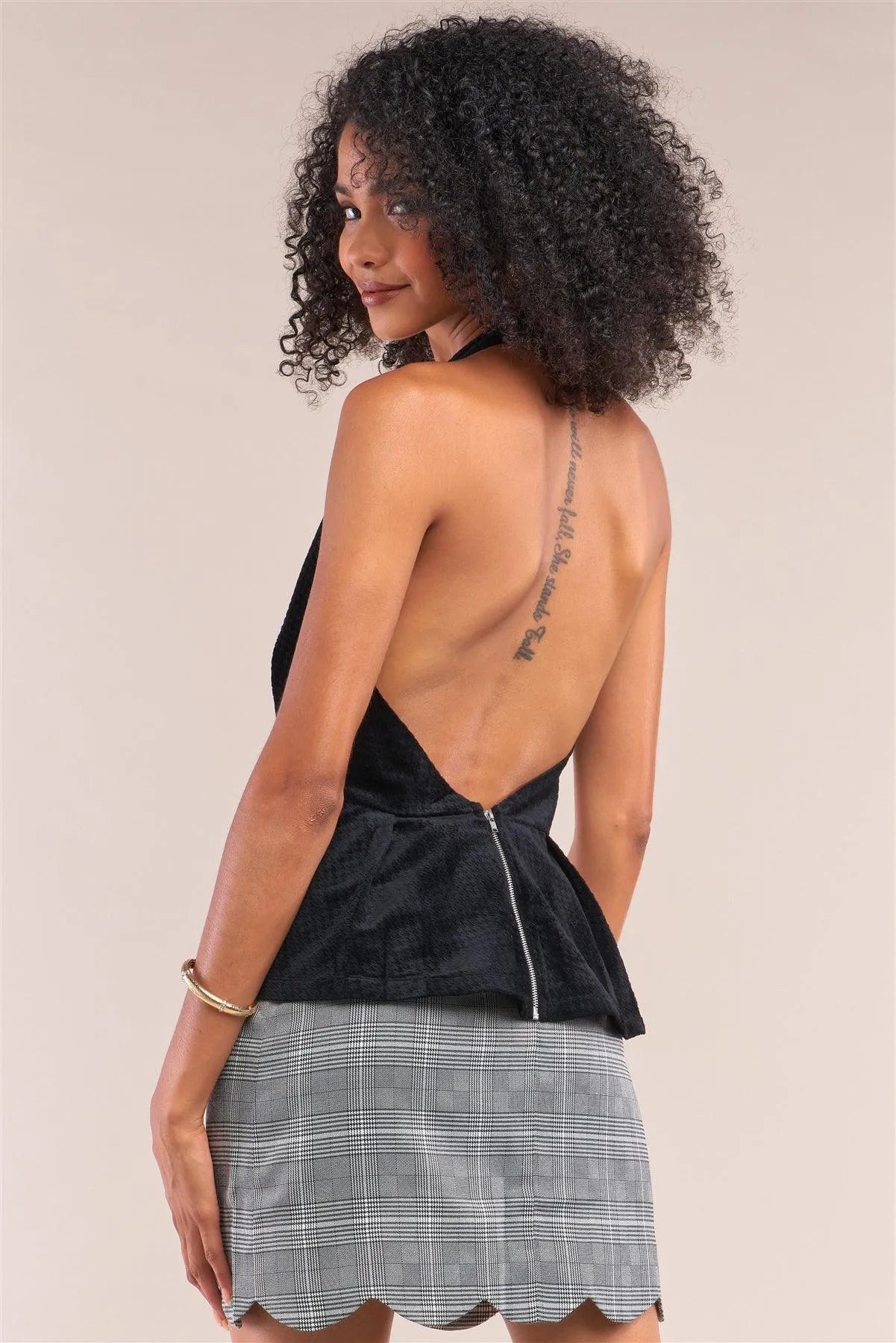 Black Houndstooth Print Sleeveless V-Neck Halter Neck Pleated Front Open Back Flare Top /1-3-1 - Tasha Apparel Wholesale