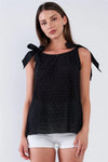 Black Ribbed Small Polka Dot Round Neck Loose Fit Stretchy Sleeveless Ribbon Shoulder Tie Top /1-2-2-1 - Tasha Apparel Wholesale