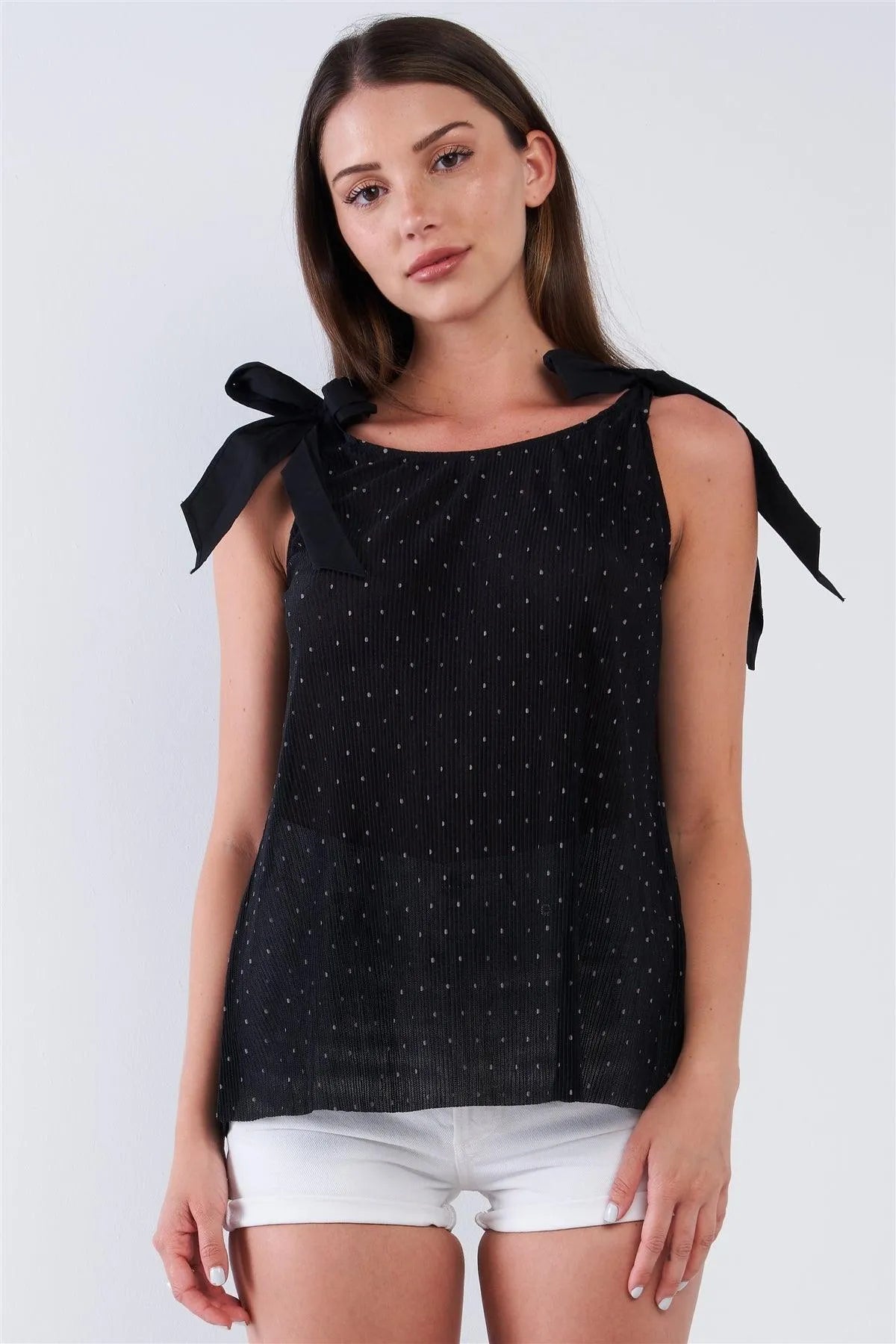 Black Ribbed Small Polka Dot Round Neck Loose Fit Stretchy Sleeveless Ribbon Shoulder Tie Top /1-2-2-1 - Tasha Apparel Wholesale