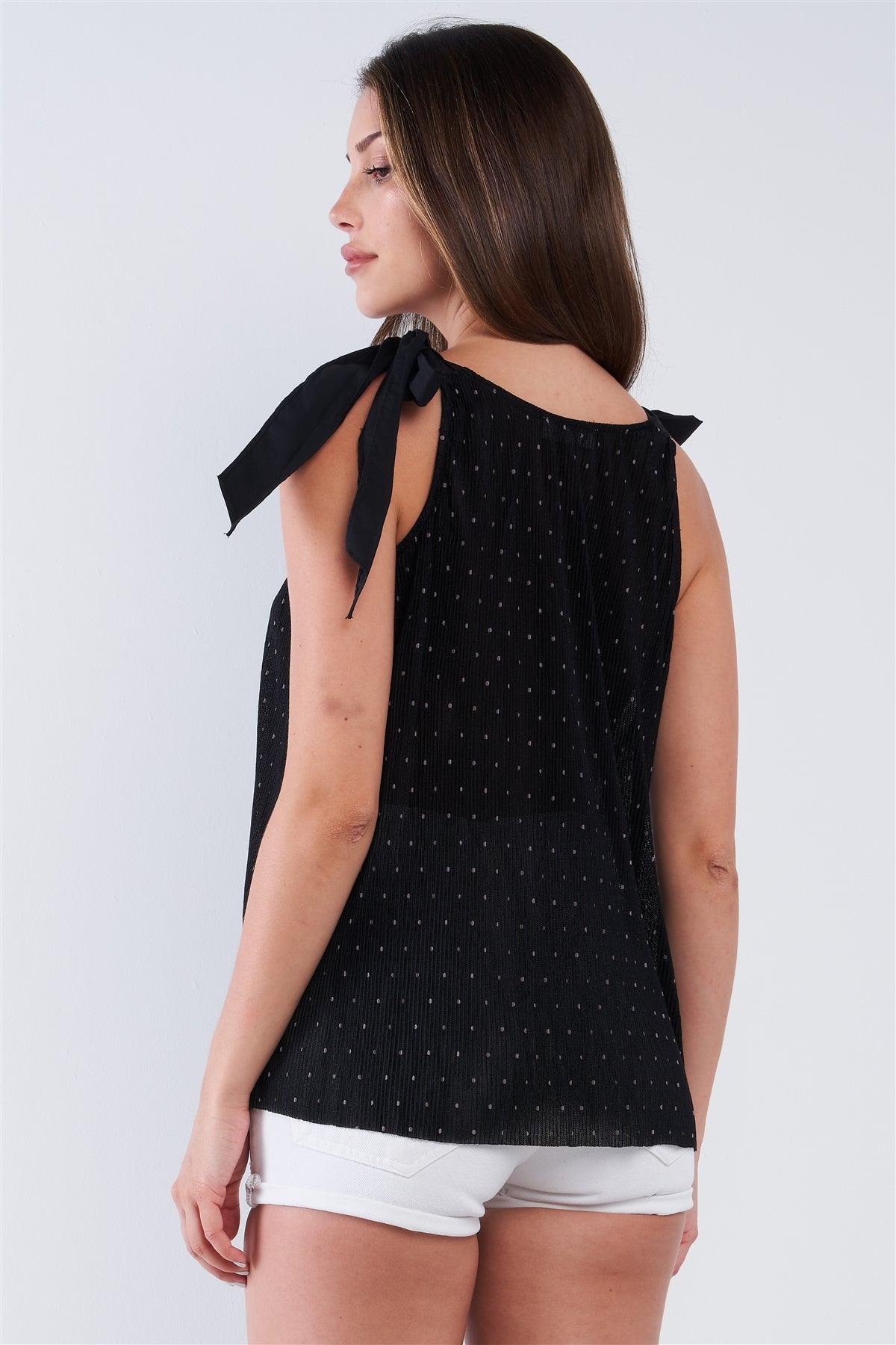 Black Ribbed Small Polka Dot Round Neck Loose Fit Stretchy Sleeveless Ribbon Shoulder Tie Top /1-2-2-1