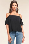Black Off-The-Shoulder Square Neck Loose Fit Chest Pocket Detail Top /1-2-2-1 - Tasha Apparel Wholesale