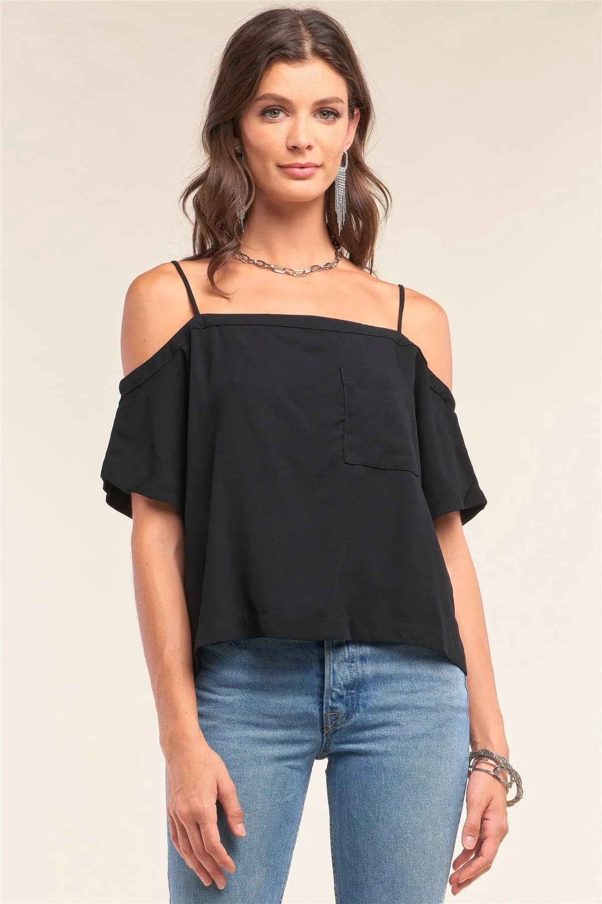 Black Off-The-Shoulder Square Neck Loose Fit Chest Pocket Detail Top /1-2-2-1 - Tasha Apparel Wholesale