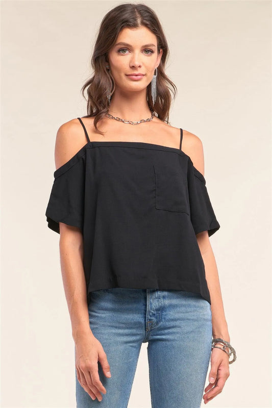 Black Off-The-Shoulder Square Neck Loose Fit Chest Pocket Detail Top /1-2-2-1 - Tasha Apparel Wholesale