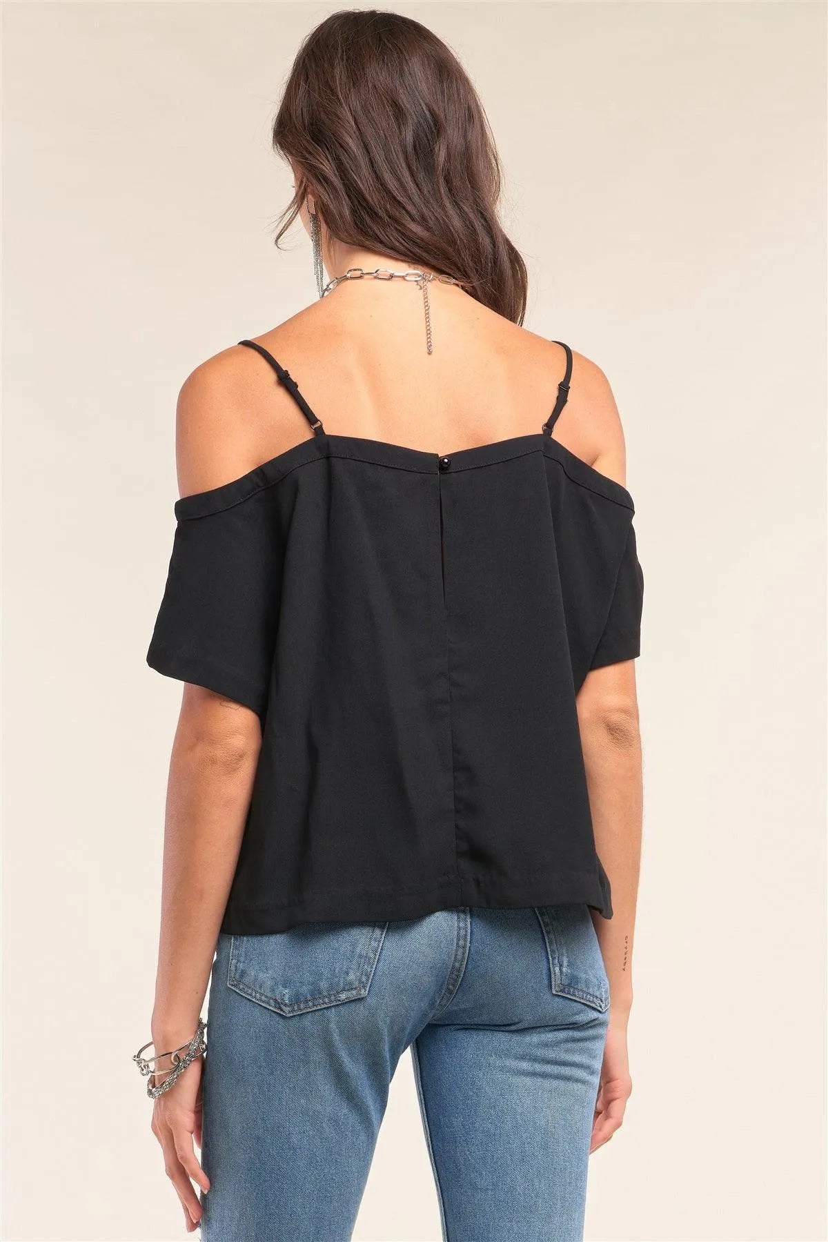 Black Off-The-Shoulder Square Neck Loose Fit Chest Pocket Detail Top /1-2-2-1 - Tasha Apparel Wholesale