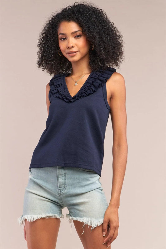 Navy Sleeveless Ribbed Ruffle V-Neck Trim Detail Vest Top /1-2-2-1 - Tasha Apparel Wholesale