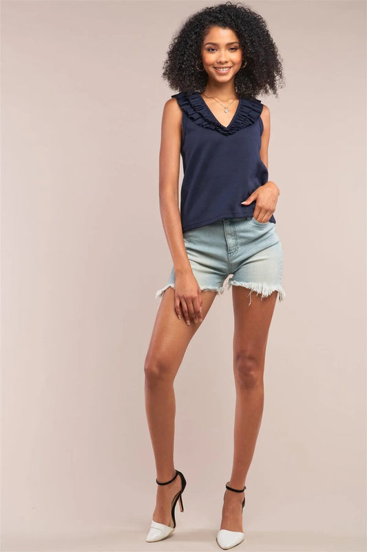 Navy Sleeveless Ribbed Ruffle V-Neck Trim Detail Vest Top /3-3 - Tasha Apparel Wholesale