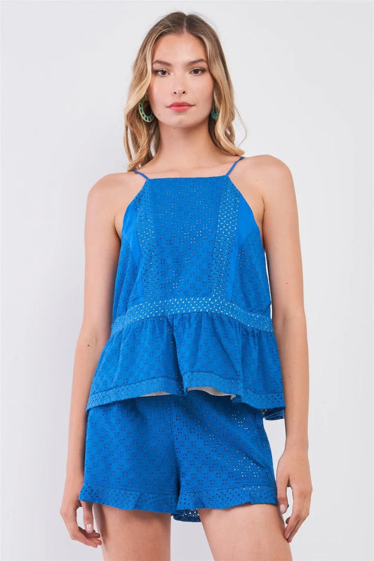 Laguna Blue Crochet Sleeveless Square Neck Flare Top & High Waist Frill Hem Shorts Two-Piece Set /1-2-2-1 - Tasha Apparel Wholesale